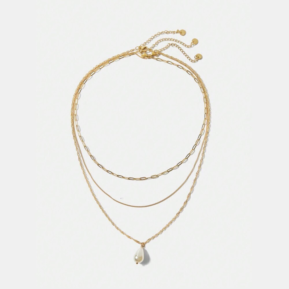 Gold Layered Chain Necklace with Pearl Drop Pendant
